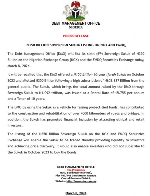 Press Release: N350 Billion Sovereign Sukuk Listing on NGX and FMDQ