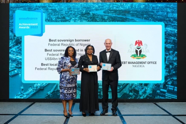 Director-General DMO, Patience Oniha, receives three awards on behalf of the DMO at the EMEA Finance Achievements Award 2022 which held at One Whitehall Place, London on June 8, 2023