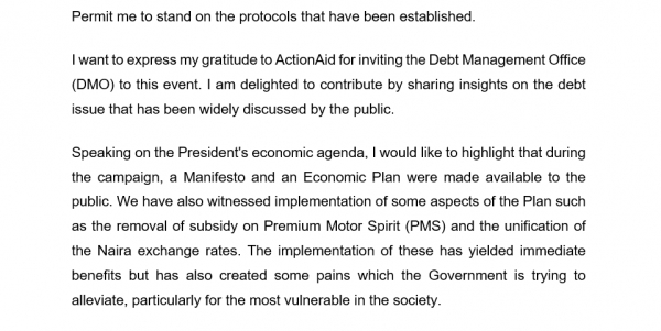 GOODWILL MESSAGE BY THE DIRECTOR-GENERAL DEBT MANAGEMENT OFFICE AT THE ONE-DAY TECHNICAL ROUNDTABLE ON ECONOMIC BLUEPRINT FOR PRESIDENT BOLA AHMED TINUBU’S ADMINISTRATION ORGANISED BY ACTIONAID NIGERIA