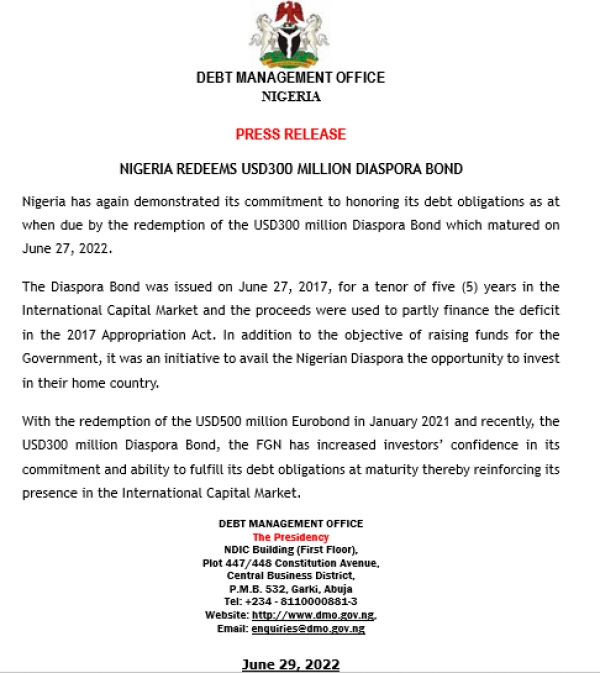 Nigeria Redeems USD300 Million Diaspora Bond