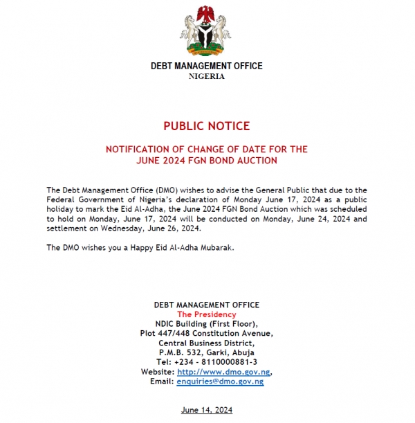 Public Notice: Notification of Change of Date for the June 2024FGN Bond Auction