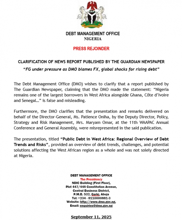 Press Rejoinder: Clarification of News Report Published by the Guardian Newspaper “FG under pressure as DMO blames FX, global shocks for rising debt”
