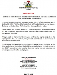Press Release: Listing of USD 1.25 Billion Eurobond on the Nigerian Exchange Limited and FMDQ Securities Exchange Limited
