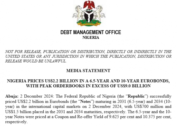 Press Release: Nigeria Prices US $ 2.2 Billion in a 6.5 Year and 10 Year Eurobonds with Peak Order Books in Excess of US $ 9.0 Billion