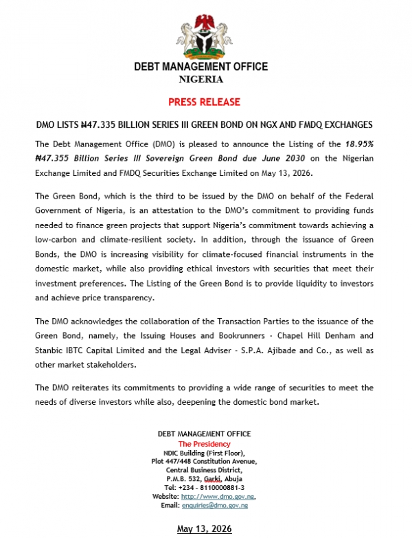Press Release: DMO Lists N47.335 Billion Series III Green Bond on NGX and FMDQ Exchanges