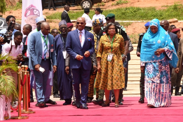 The Honourable Minister of FCT, Nyesom Wike, with the Director-General,  DMO, Patience Oniha at the Commissioning Ceremony of Outer Southern Express Way in Abuja on June 3, 2024.
