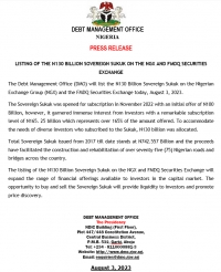 Press Release: Listing of N130 Billion Sovereign Sukuk on the NGX and FMDQ Securities Exchange