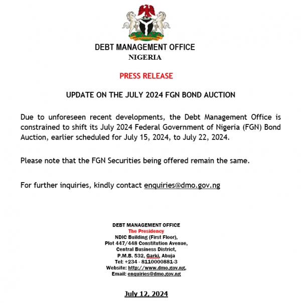 Press Release: Update on the July 2024, FGN Bond Auction