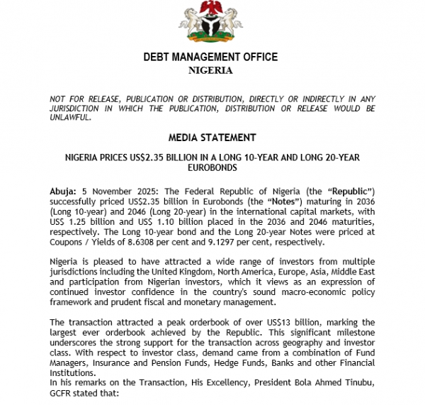 Media Statement: NIGERIA PRICES US$2.35 BILLION IN A LONG 10-YEAR AND LONG 20-YEAR EUROBONDS