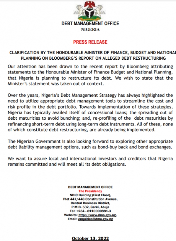 Press Release: Clarification by the Honourable Minister of Finance, Budget and National Planning on Bloomberg's Report on Alleged Debt Restructuring