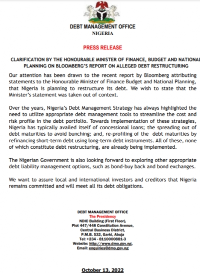 Press Release: Clarification by the Honourable Minister of Finance, Budget and National Planning on Bloomberg&#039;s Report on Alleged Debt Restructuring