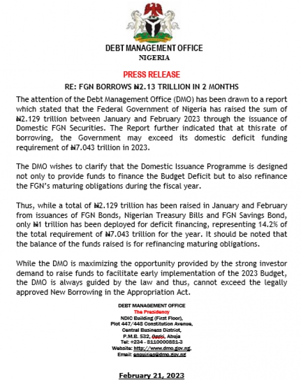 Press Release: Re: FGN Borrows N2.13 Trillion in 2 Months
