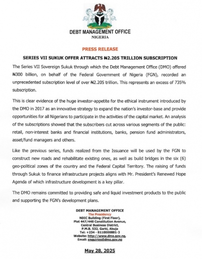 Press Release: Series VII Sukuk Offer Attracts N2.205 Trillion Subscription